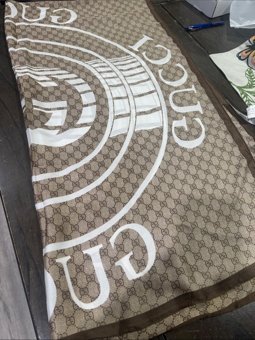 Gucci Beige Brown Monogram Throw with White Logo Overlay